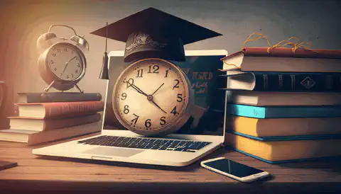 A laptop with a graduation hat on the keyboard, surrounded by stacks of books and a stopwatch