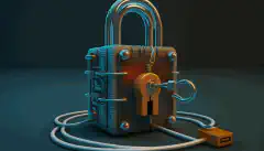 A padlock and a key standing on a network cable in a symbolic way representing Zero Trust Security.