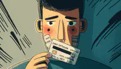 A person holding a credit card in one hand and a lock in the other hand, with a concerned look on their face, as if they are worried about the safety of their personal information.