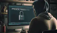 A person holding a padlock in front of a computer screen displaying a message that says Protected