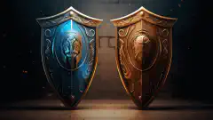 A symbolic artwork featuring two shields, facing off against each other in a dynamic pose, representing the comparison between the two certifications.