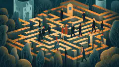 A symbolic cartoon-style image depicting a group of cybersecurity professionals navigating a maze-like landscape with workforce frameworks as towering obstacles, while holding certificates and climbing ladders of professional development.