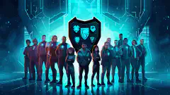 A symbolic cartoon image depicting a group of diverse individuals wearing cybersecurity attire, standing together in a shield formation, with binary code and lock icons surrounding them, emphasizing the importance of unity and protection in the digital realm.