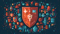 A symbolic illustration showcasing a shield-shaped icon representing cybersecurity, surrounded by code snippets in different programming languages.