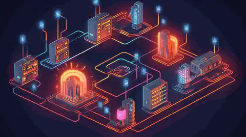 A symbolic illustration showing interconnected devices with switches, routers, gateways, and firewalls.