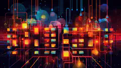 A vibrant and dynamic artwork depicting a network infrastructure with monitoring indicators and analytics.
