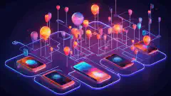 A vibrant illustration showcasing a network of interconnected devices with Helium Mobile branding, symbolizing the innovative and decentralized approach to mobile connectivity.