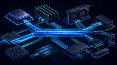 An illustration showing interconnected devices like CPUs and memory with glowing lines representing data streams moving between them, set against a dark background.