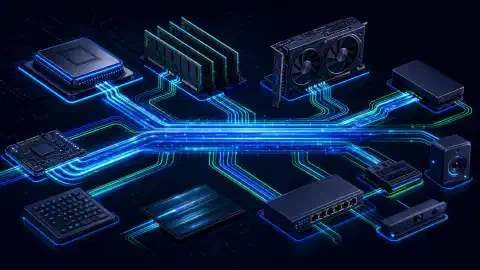 An illustration showing interconnected devices like CPUs and memory with glowing lines representing data streams moving between them, set against a dark background.