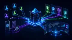 An illustration of a network hub emitting light, surrounded by icons representing user accounts, permissions, and security tools, set against a dark background with vibrant colors.