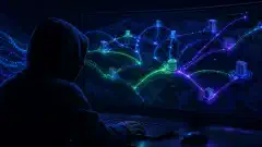 An illustration of a shadowy figure at a computer, scanning a digital network map with flowing data streams, set against a dark background with vibrant colors.