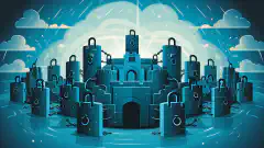 A cartoon-style IT fortress shielded by locks and chains, symbolizing fortified Active Directory security.