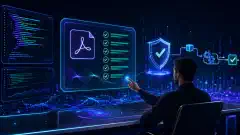 An illustration of a futuristic workspace with a person using a holographic interface that displays automated compliance checks for Adobe Reader Pro DC. The background is dark with vibrant accents.