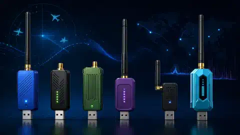 An illustration showing various SDR adapters side by side, featuring distinct designs with antennas and signal reception elements, set against a dark background with vibrant colors.