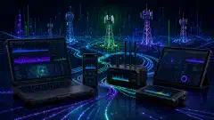 A digital illustration depicting various devices like laptops and smartphones connected by glowing lines, with abstract cellular towers and data streams in the background, all in vibrant colors against a dark backdrop.