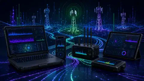 A digital illustration depicting various devices like laptops and smartphones connected by glowing lines, with abstract cellular towers and data streams in the background, all in vibrant colors against a dark backdrop.