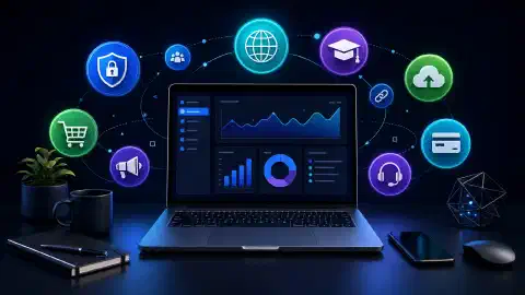A digital illustration of a modern workspace with a laptop at the center, surrounded by colorful icons representing various affiliate services, set against a dark background.