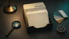 Ivory instruction cards in a tray beside a magnifying lens, color swatches, and a small film reel on a dark desk
