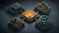 Modular metallic components connected to a glowing central processor by teal and orange paths on a dark work surface