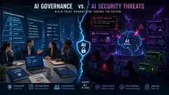 The image shows a split scene: on one side, professionals in an office discussing governance documents; on the other, chaotic digital visuals representing AI systems under cyber attack, with vibrant colors highlighting the contrast.