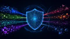 A digital illustration with a central shield made of circuit patterns, surrounded by colorful geometric shapes representing critical information, threats, and vulnerabilities on a dark background.