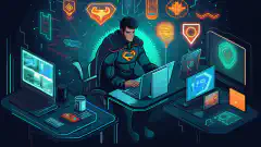 An animated illustration of a person wearing a superhero cape, sitting at a computer desk, surrounded by cybersecurity-related icons and symbols.