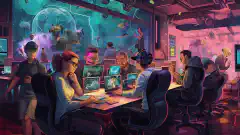 An illustration featuring a group of diverse professionals in a technology-themed setting, collaborating and working with computers and futuristic gadgets.