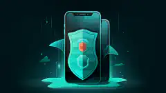 An illustration featuring a shield protecting a mobile device, symbolizing mobile device security and protection.