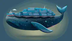 An image of a cargo ship, shaped like a blue whale, carrying multiple Docker containers