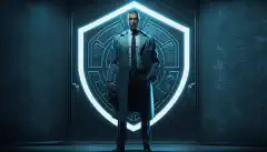 An image of a doctor standing in front of a shield with a padlock symbol to represent the protection of patient data against cybersecurity threats. 