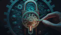 An image of a lock with gears symbolizing the use of AI in cybersecurity, while a human hand is holding a key to illustrate human oversight.