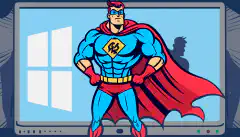 An image of a superhero standing in front of a computer with the Windows logo on the screen and a shield in hand, symbolizing the importance of secure coding practices for protecting Windows-based systems.