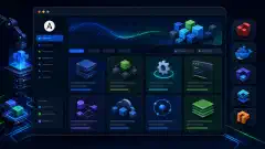 An illustration of a downloads page interface showcasing Ansible automation tools, featuring colorful icons for roles, collections, and browser extensions against a dark background.