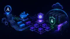 An illustration showing a network of interconnected containers and automation scripts flowing into a secure server environment, with bright colors on a dark background.