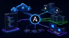 An illustration of a modern IT infrastructure with interconnected servers and devices, showcasing SSH and WinRM connections, a stylized YAML file, and cloud service icons on a dark background.