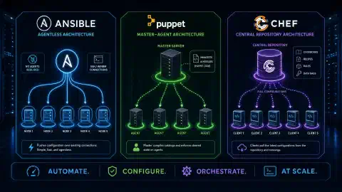 An illustration of a futuristic data center with three sections representing Ansible, Puppet, and Chef. Each section shows their unique system architectures with glowing connections, set against a dark background.