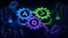 An illustration of three colorful gears representing automation tools, interconnected against a dark background, with abstract shapes of servers and clouds in the background, conveying a modern IT environment.