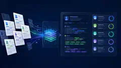 An illustration of resumes flowing into a digital interface, highlighting keywords and structured sections like Experience and Skills against a dark navy background.