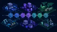 An illustration of interconnected blocks representing a blockchain structure with vibrant colors, set against a dark background. The design suggests connections to various industries like finance and healthcare.