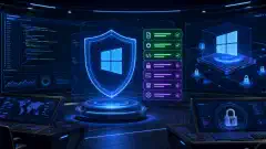 A futuristic control center illustration showing a holographic interface with glowing elements representing security, including digital locks and code snippets, against a dark background.