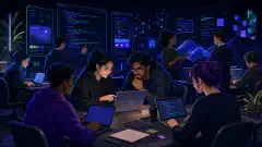 The image shows a diverse group of people working on laptops in a modern learning space. They are collaborating on projects with virtual elements representing coding and design, set against a dark background.