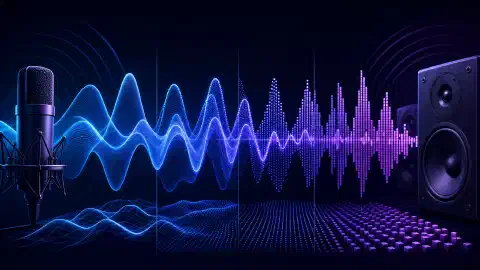 An illustration depicting stylized sound waveforms in vibrant blues and purples against a dark background, with abstract representations of audio equipment like microphones and speakers integrated into the design.