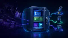 An illustration of a digital vault with glowing elements representing various security credentials, set against a dark background. Abstract shapes symbolize credential stuffing and phishing attacks.