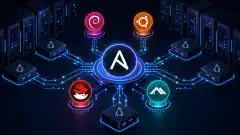 An illustration of a modern server room with abstract Linux servers connected by glowing lines. An Ansible logo is central, surrounded by colorful icons representing various Linux distributions.