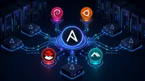 An illustration of a modern server room with abstract Linux servers connected by glowing lines. An Ansible logo is central, surrounded by colorful icons representing various Linux distributions.
