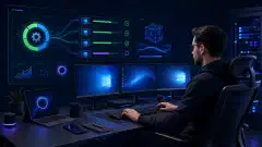 An IT professional at a modern workstation, interacting with a digital interface showcasing automated Windows updates. The scene is set against a dark navy background with vibrant blue and green highlights.