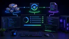 An illustration of a computer setup with multiple screens showing code and update progress, featuring icons for Chocolatey, PSWindowsUpdate, and a script file, all set against a dark background.