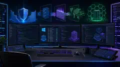 An illustration of a modern workspace with multiple screens showing code related to security hardening. The background is dark, and vibrant colors highlight abstract security elements.