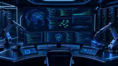 A futuristic control room with screens showing code and STIG scripts, robotic arms interacting with servers, set against a dark navy background.