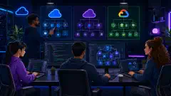 A diverse group of software developers collaborate in a modern workspace, surrounded by screens showing AWS, Azure, and Google Cloud interfaces with coding and architecture diagrams.